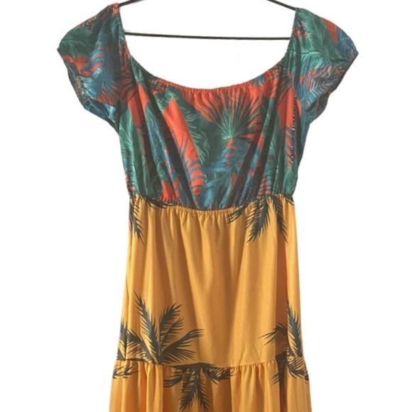 Ladies Tropical Print Hollow-out Design Off Shoulder V Neck Boho Maxi Dress - Picture 9 of 13